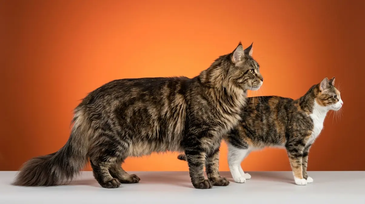 Maine Coon size comparison showing large male Maine Coon next to average domestic cat highlighting size difference
