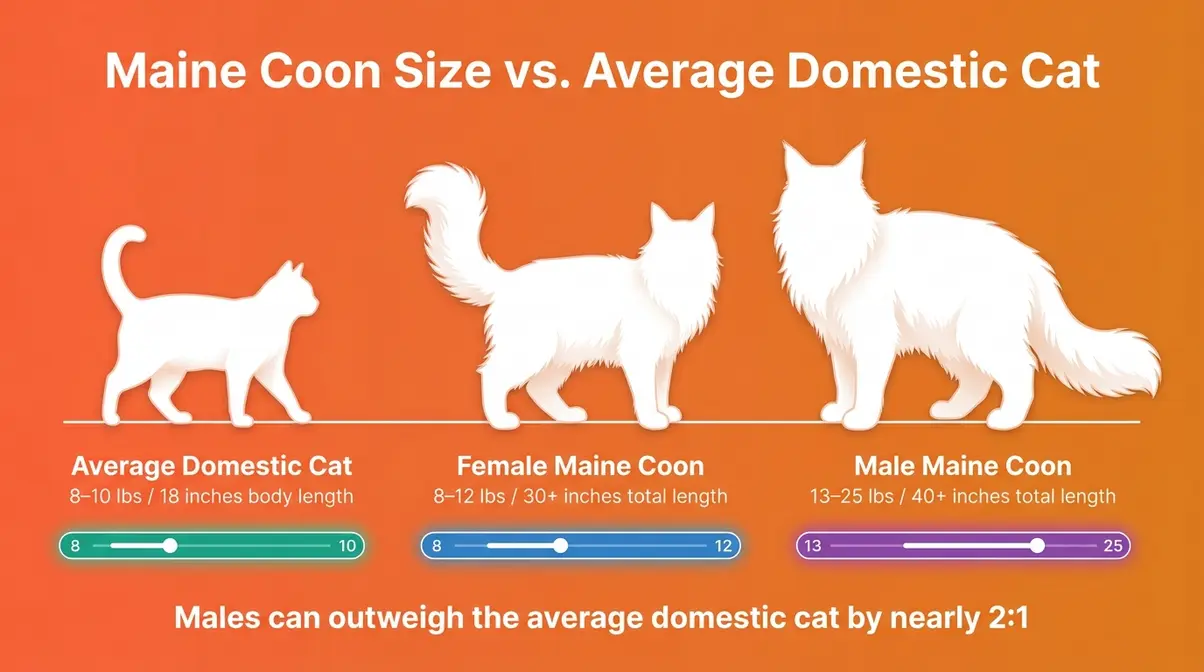 Maine Coon size comparison chart showing male and female weight ranges versus average domestic cat