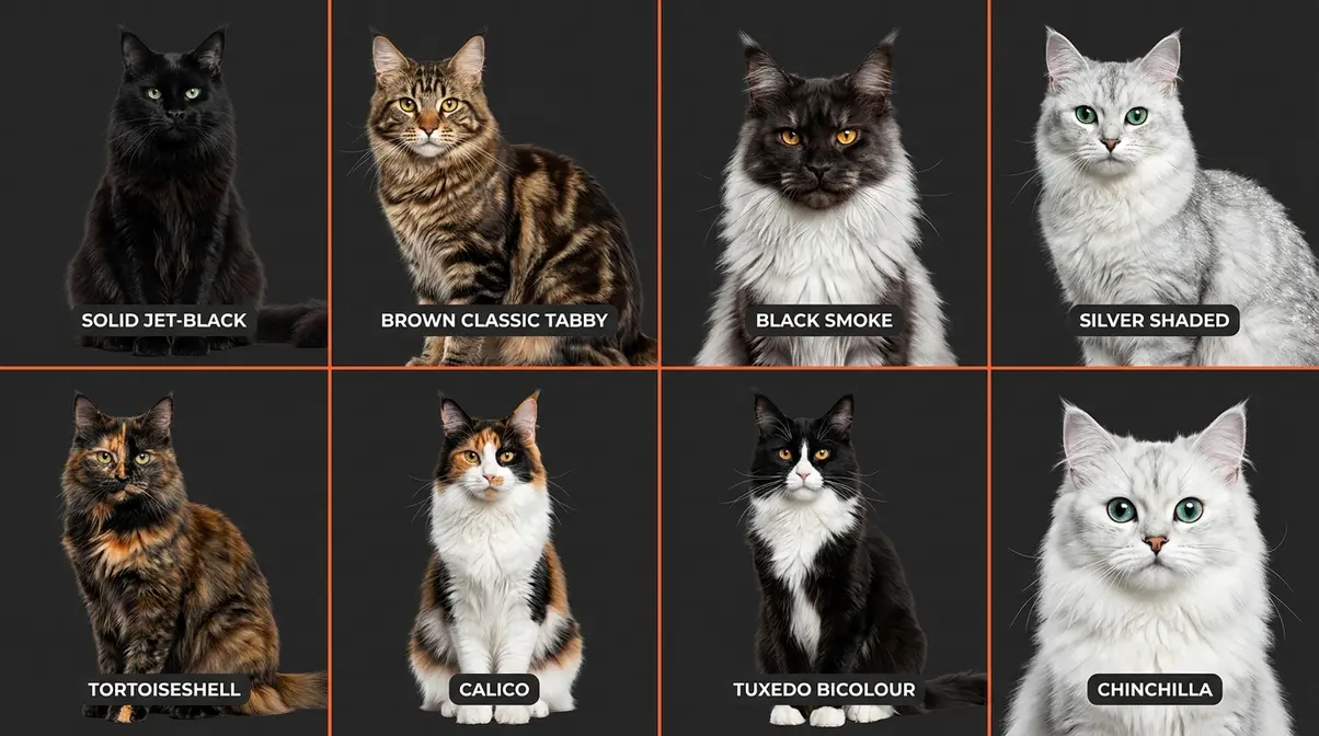 Maine Coon colour categories overview grid showing eight major coat classes