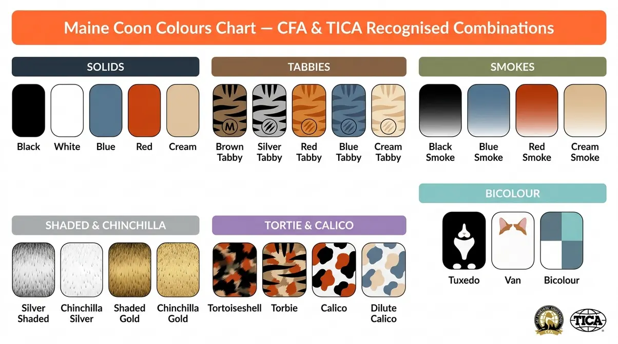 Maine Coon colours complete chart showing 75+ CFA TICA recognised coat combinations