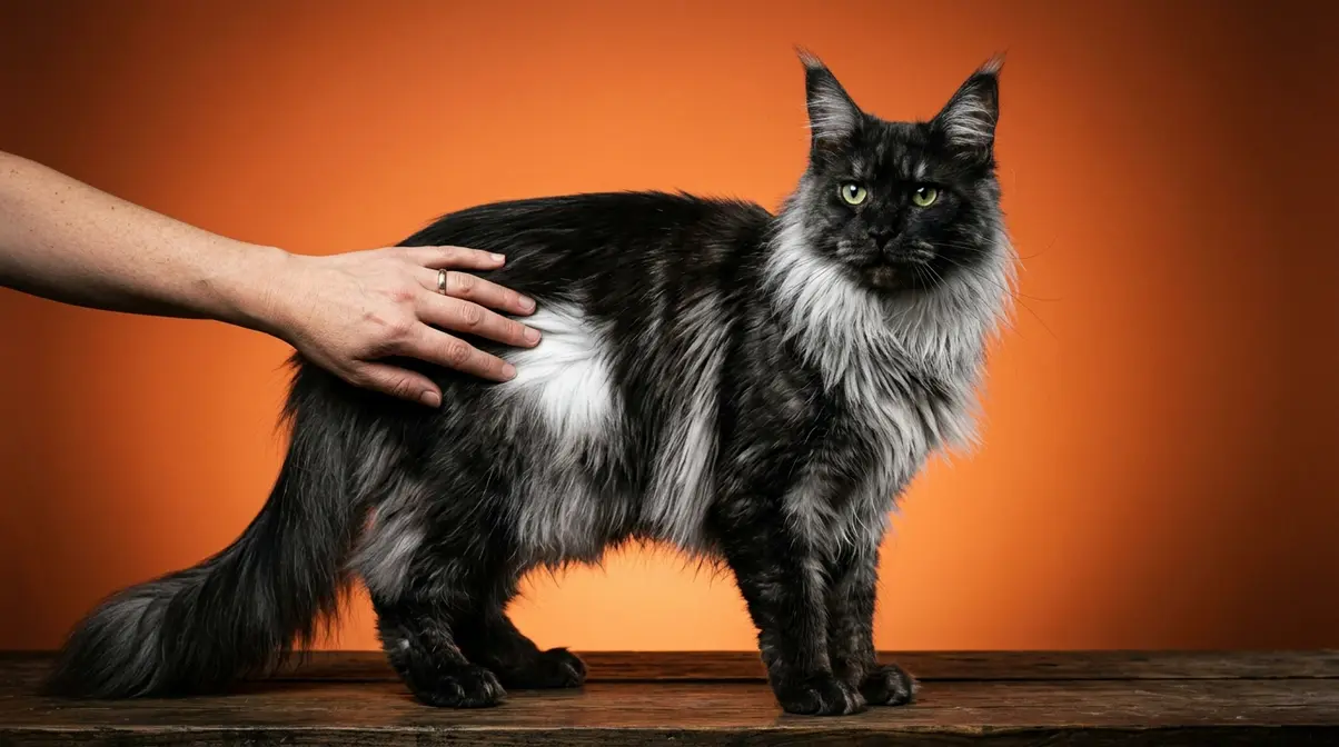 Black smoke Maine Coon with white undercoat revealed showing smoke coat effect