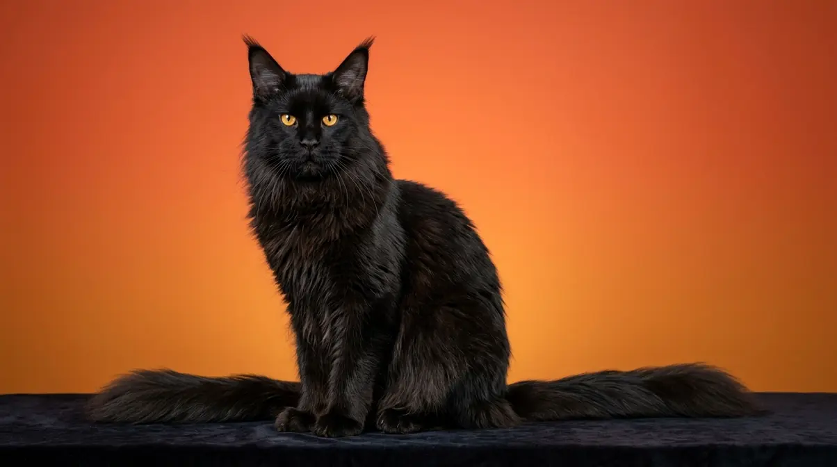 Solid black Maine Coon with uniform jet-black coat and gold eyes