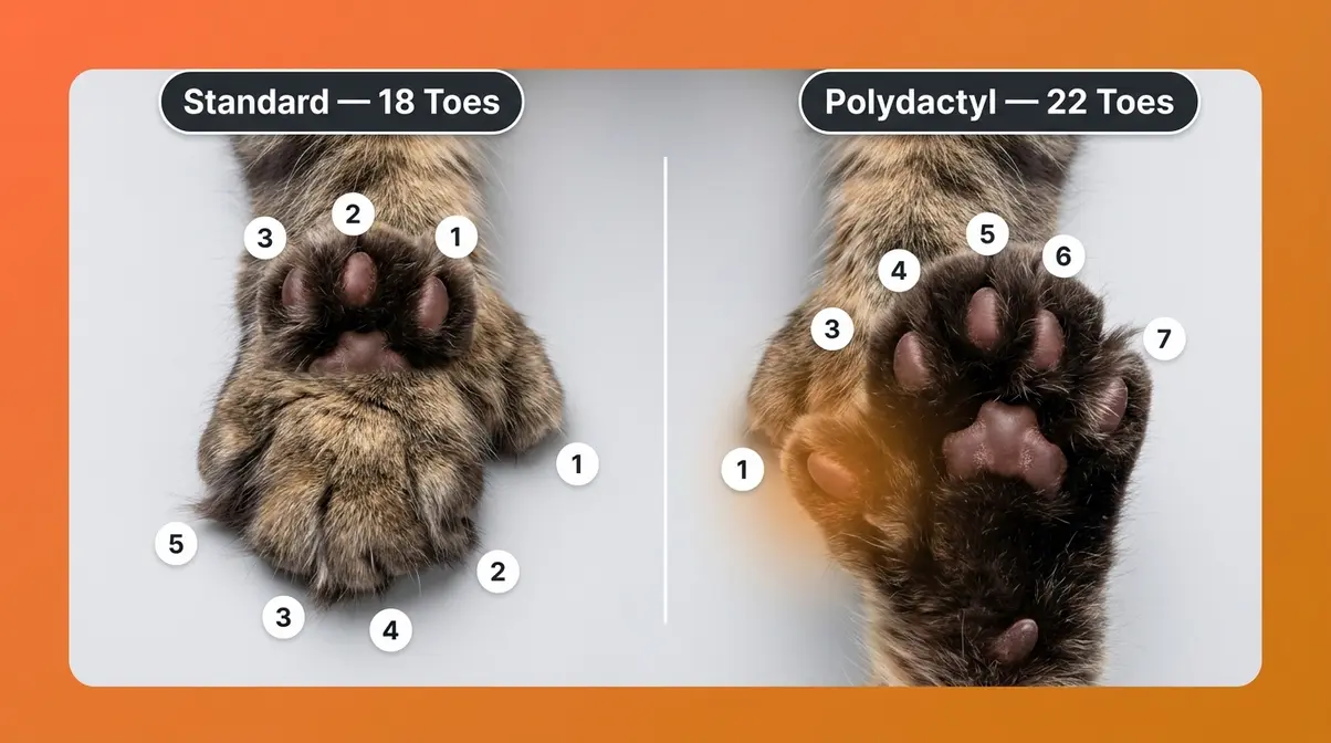 Polydactyl Maine Coon paws side by side with standard paw showing extra toe beans