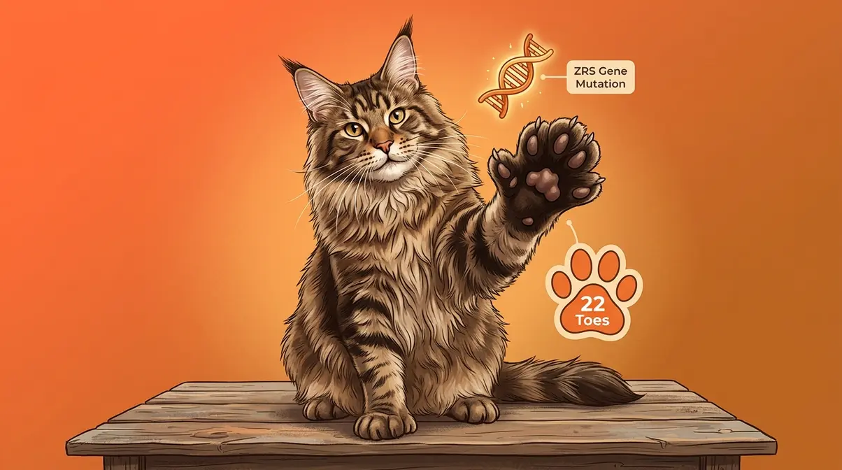 Maine Coon polydactyl paws raised showing extra toe beans caused by ZRS gene mutation