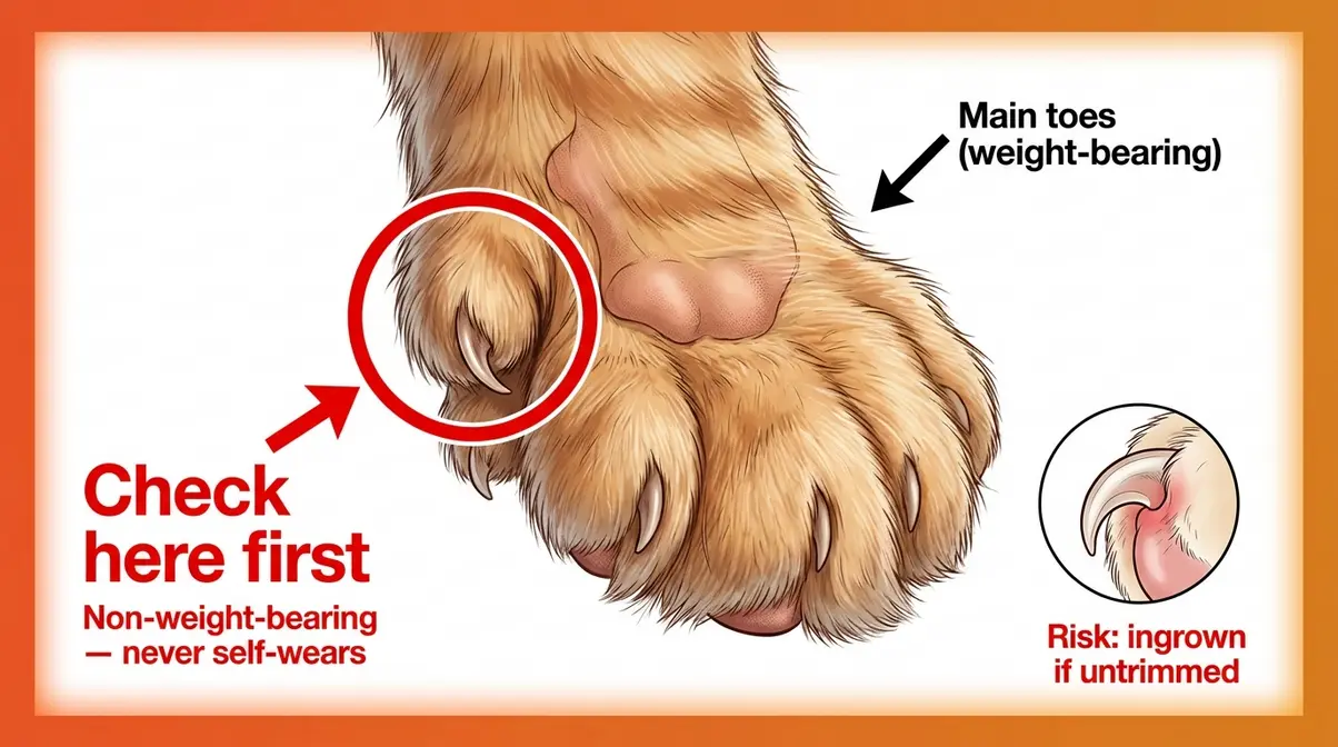 Diagram showing location of hidden dewclaw on polydactyl Maine Coon paws to prevent ingrown nail