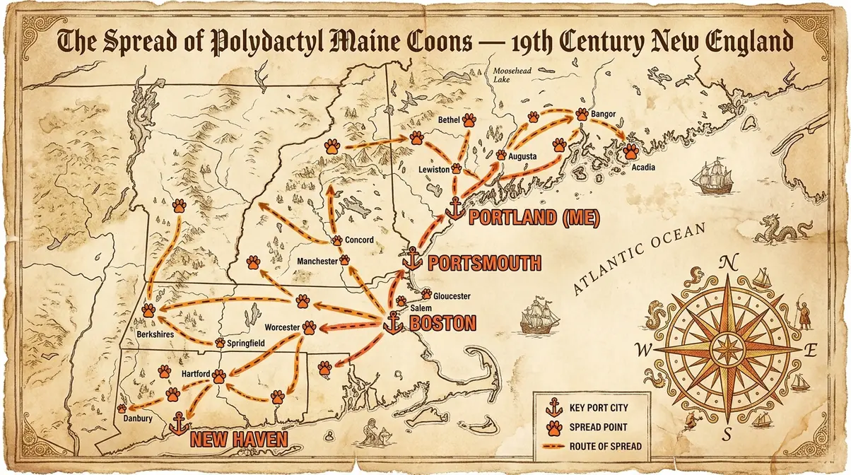 Historical map showing polydactyl Maine Coon paws spread from New England coastal ports