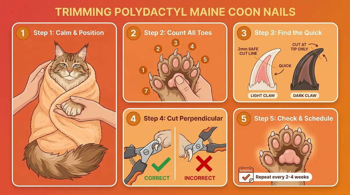 Step-by-step nail trimming guide for polydactyl Maine Coon paws showing 5 steps