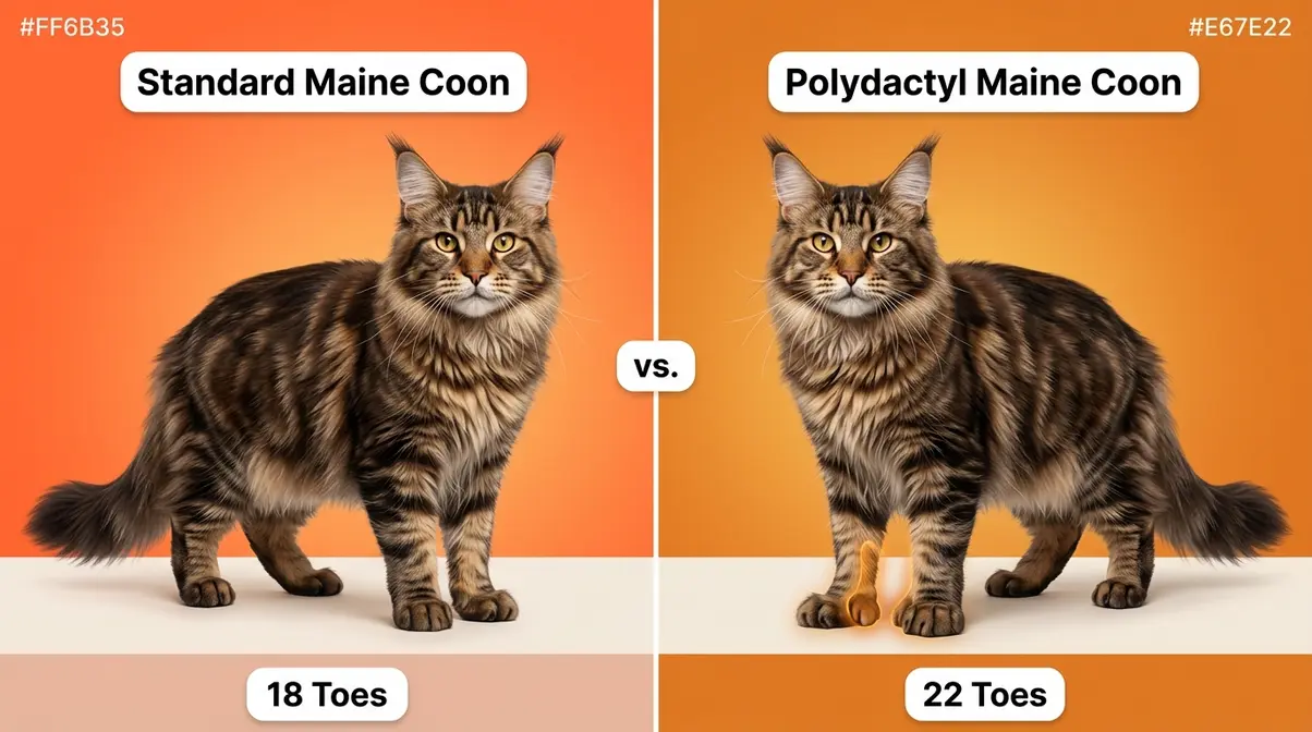 Polydactyl Maine Coon paws compared side by side with standard Maine Coon showing extra toes
