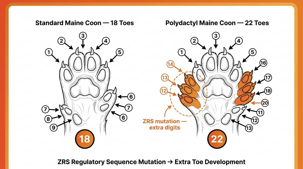 Polydactyl Maine Coon paws anatomy diagram comparing standard and extra-toe configurations