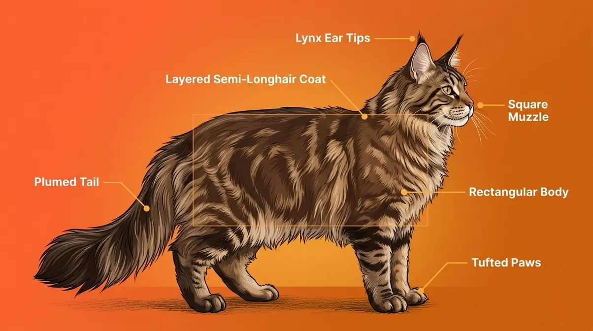 Purebred Maine Coon physical traits labeled showing square muzzle lynx ears and tufted paws