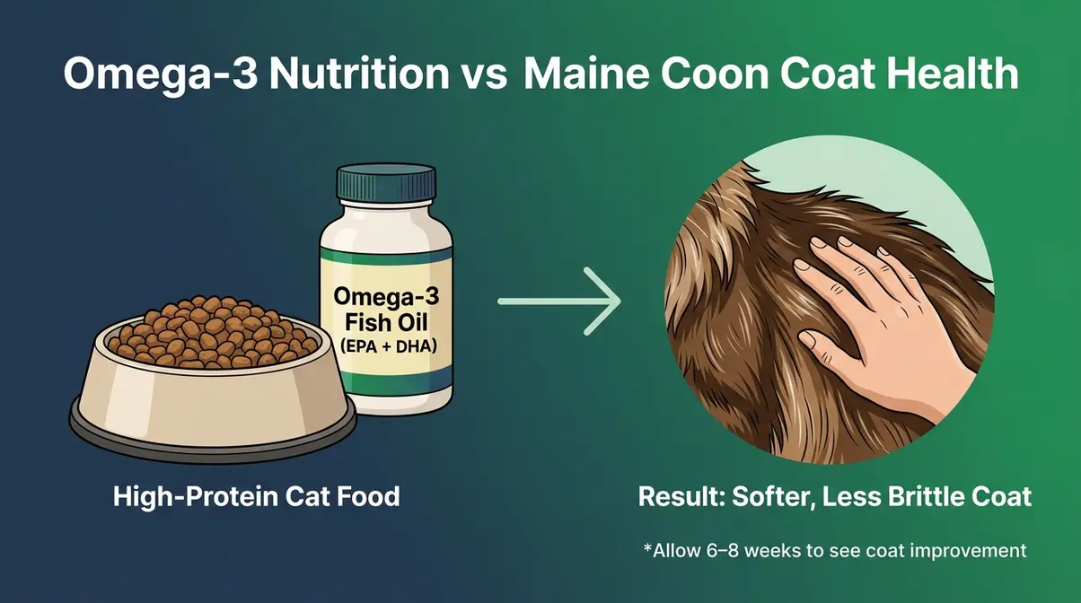 Illustration showing Omega-3 fish oil supplement and high-protein cat food linked to healthier Maine Coon coat condition