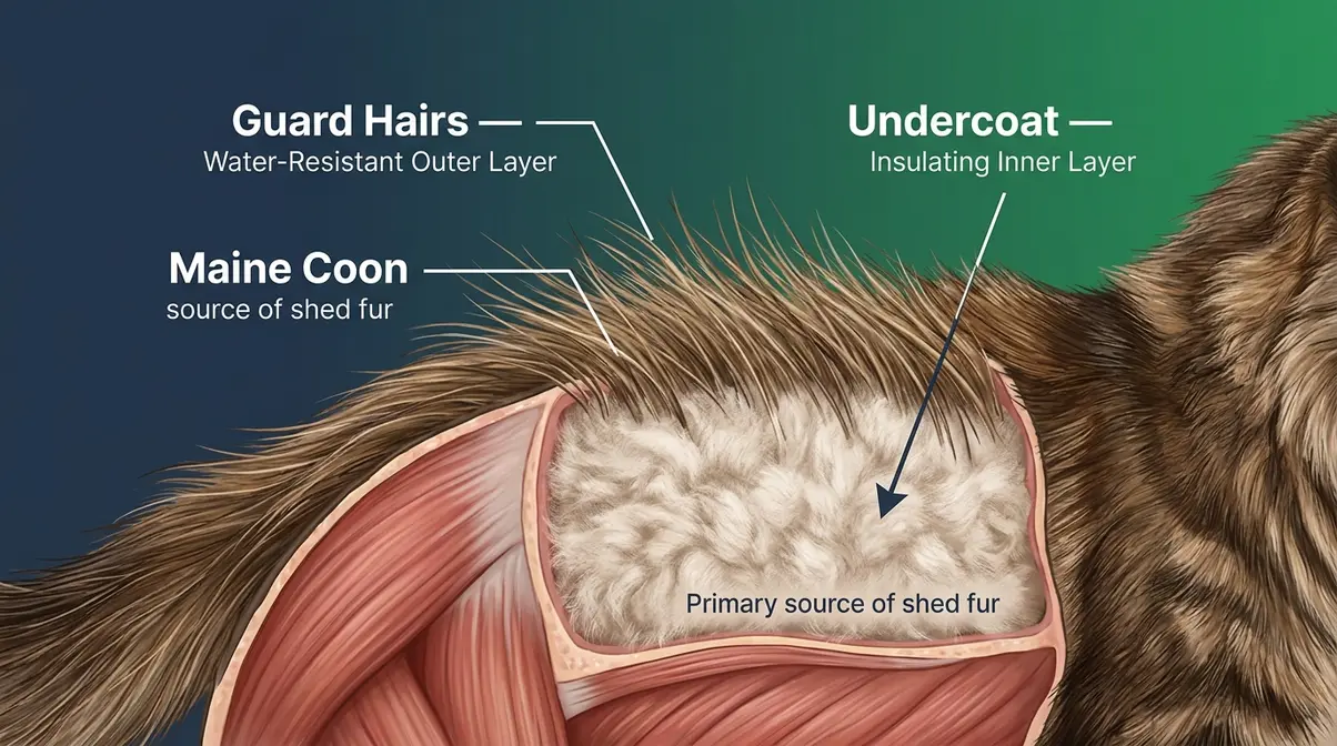 Illustrated cross-section of Maine Coon double coat showing guard hairs outer layer and soft undercoat inner layer