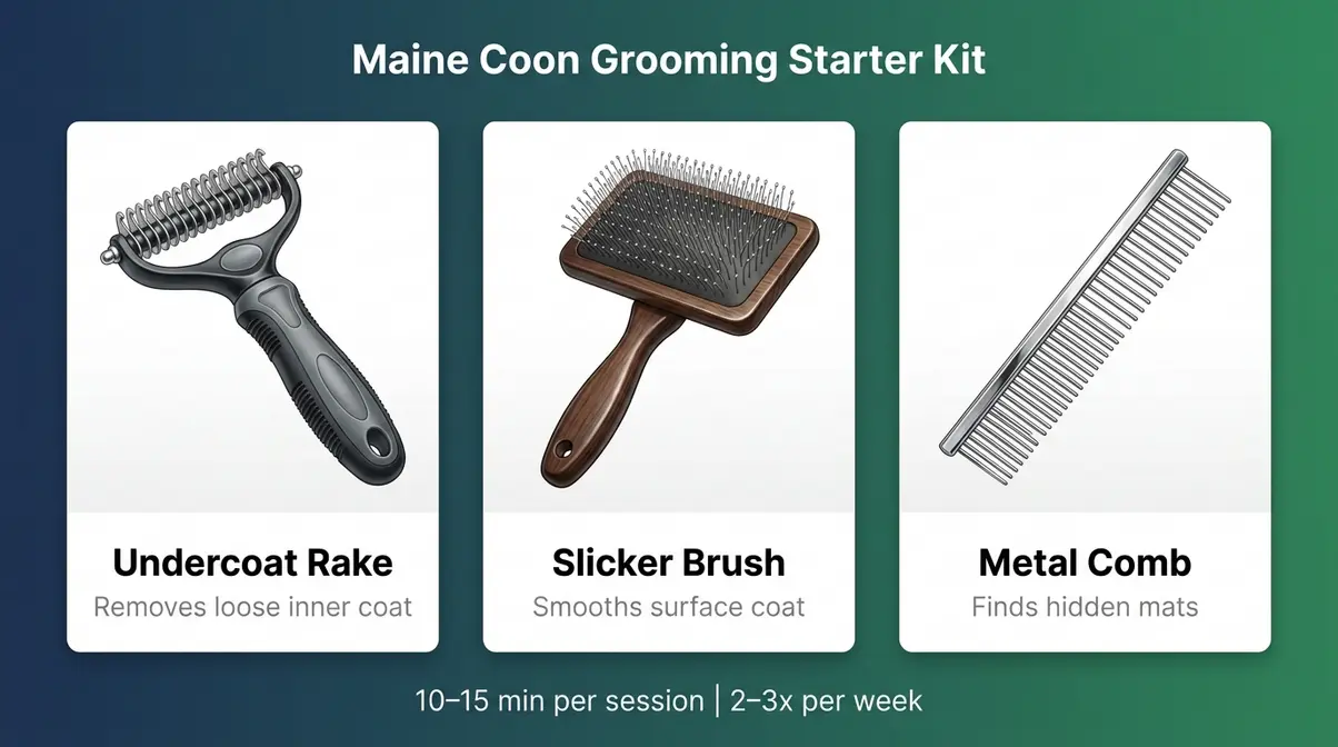 Infographic showing three essential Maine Coon grooming tools: undercoat rake, slicker brush, and metal comb with labels