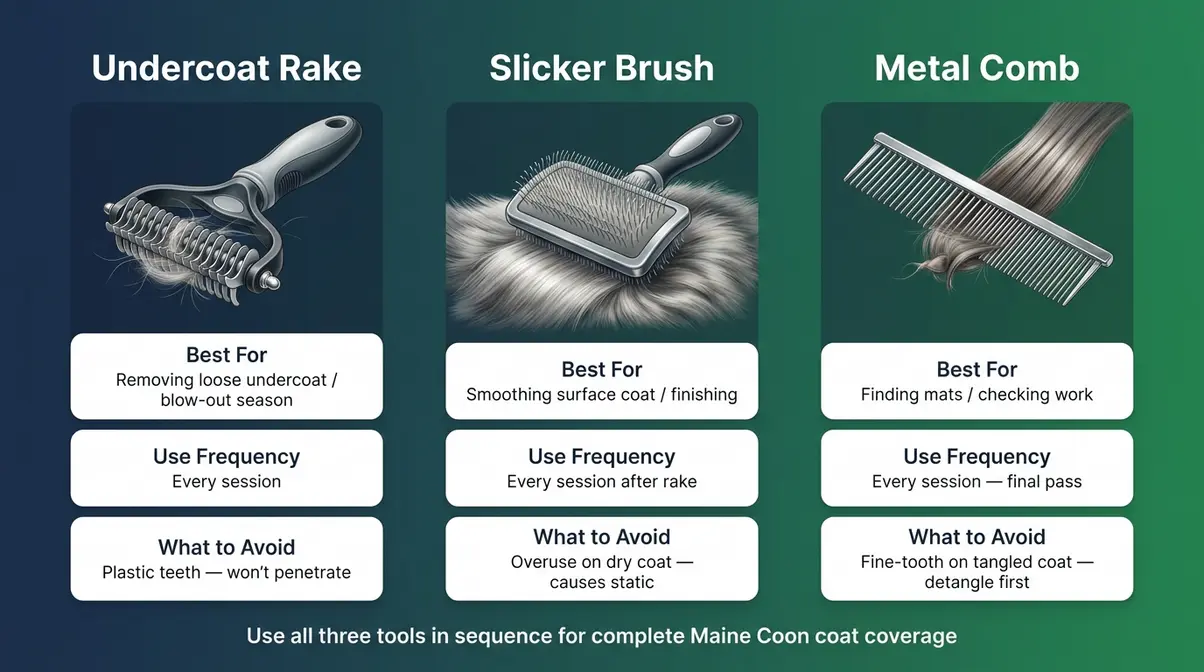 Grooming tool comparison chart for Maine Coon shedding showing undercoat rake, slicker brush, and metal comb with best uses