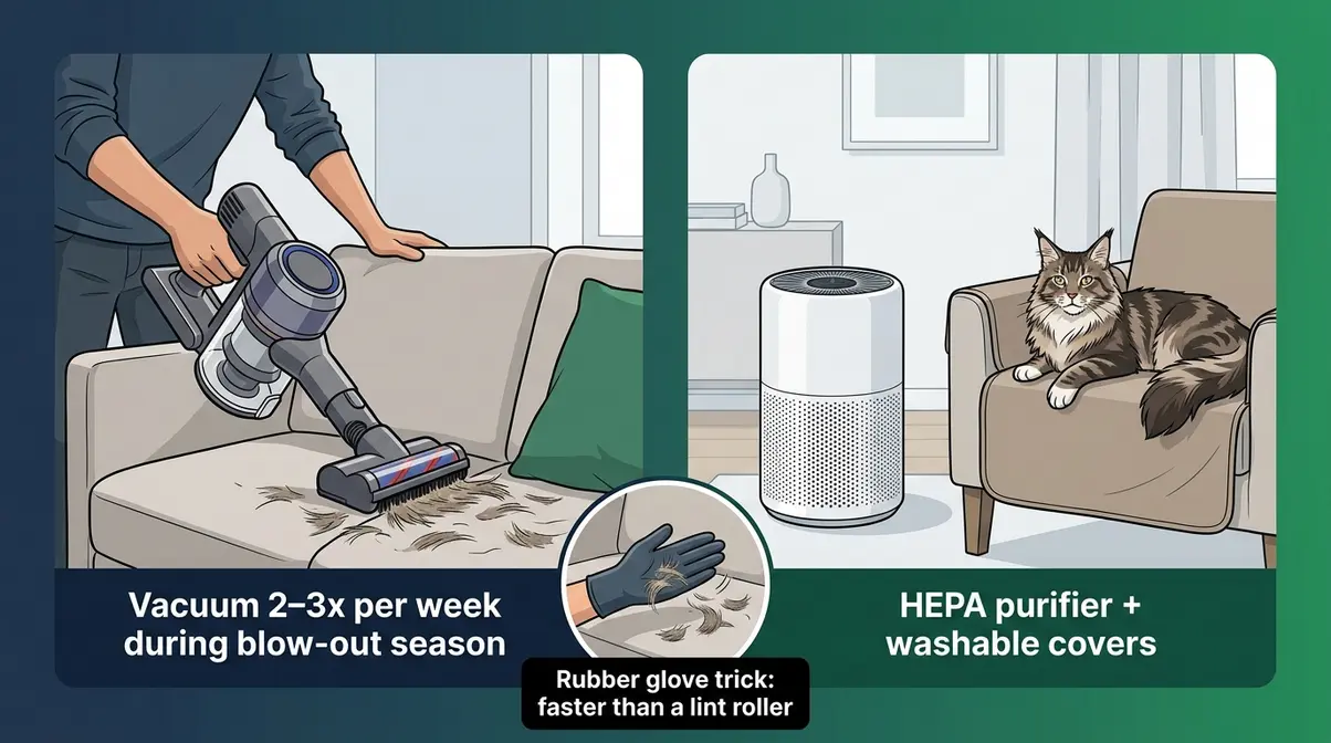 Split illustration showing Maine Coon fur management at home with pet vacuum, HEPA air purifier, and washable furniture covers