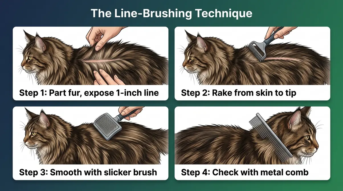 Four-panel illustration showing Maine Coon line-brushing technique steps: part fur, rake undercoat, smooth with slicker brush, check with comb