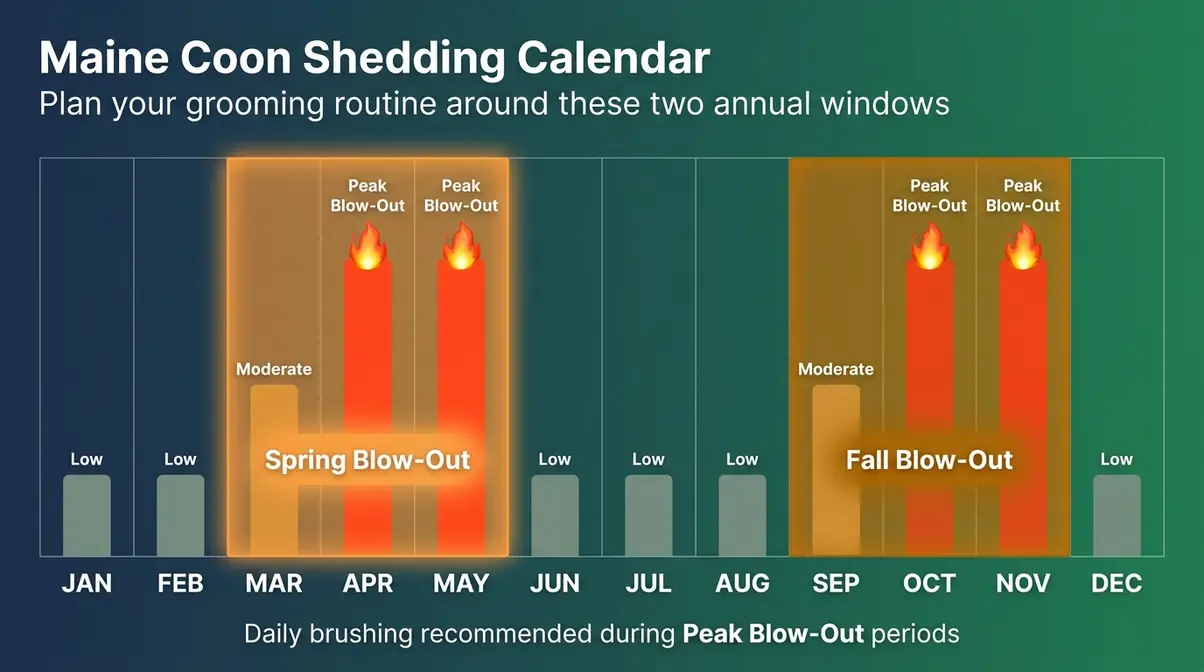 Maine Coon shedding seasonal calendar infographic showing peak blow-out periods in spring and fall months