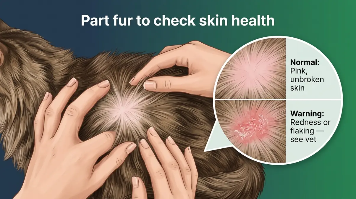 Hands parting Maine Coon fur during skin check showing healthy pink skin versus warning signs of redness