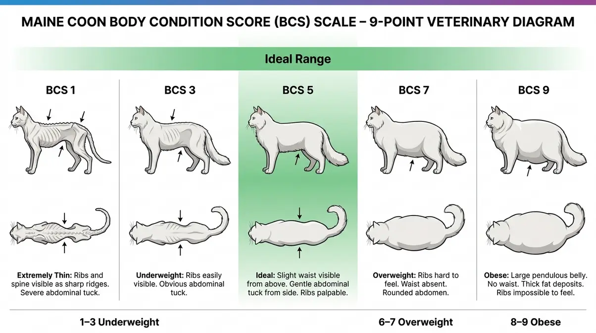 Body condition score chart for Maine Coon cats showing 9-point scale from underweight to obese