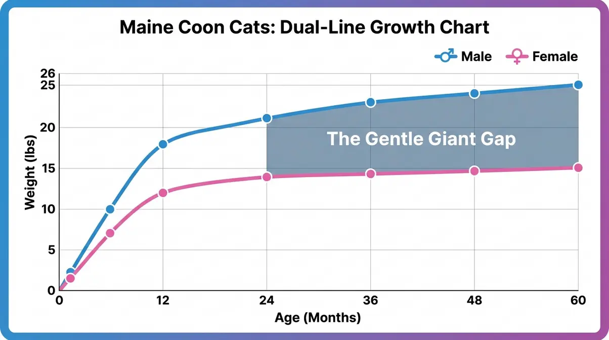 Maine Coon size chart by age showing male and female weight milestones from birth to 5 years