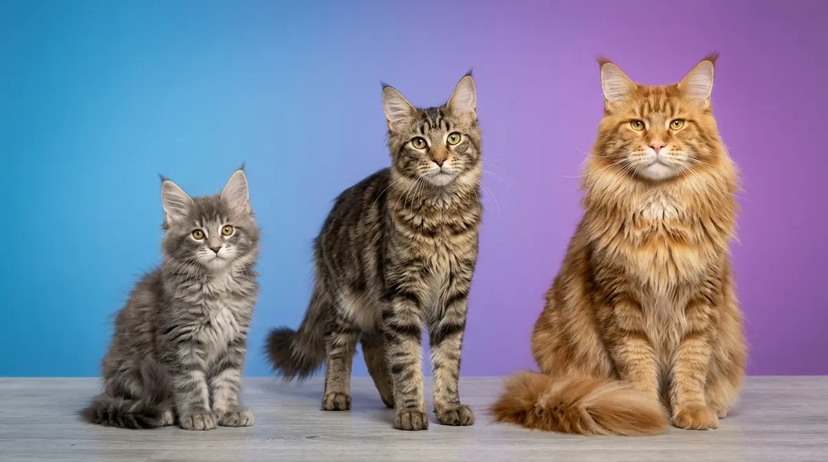 Three Maine Coon cats showing kitten adolescent and adult growth stages side by side