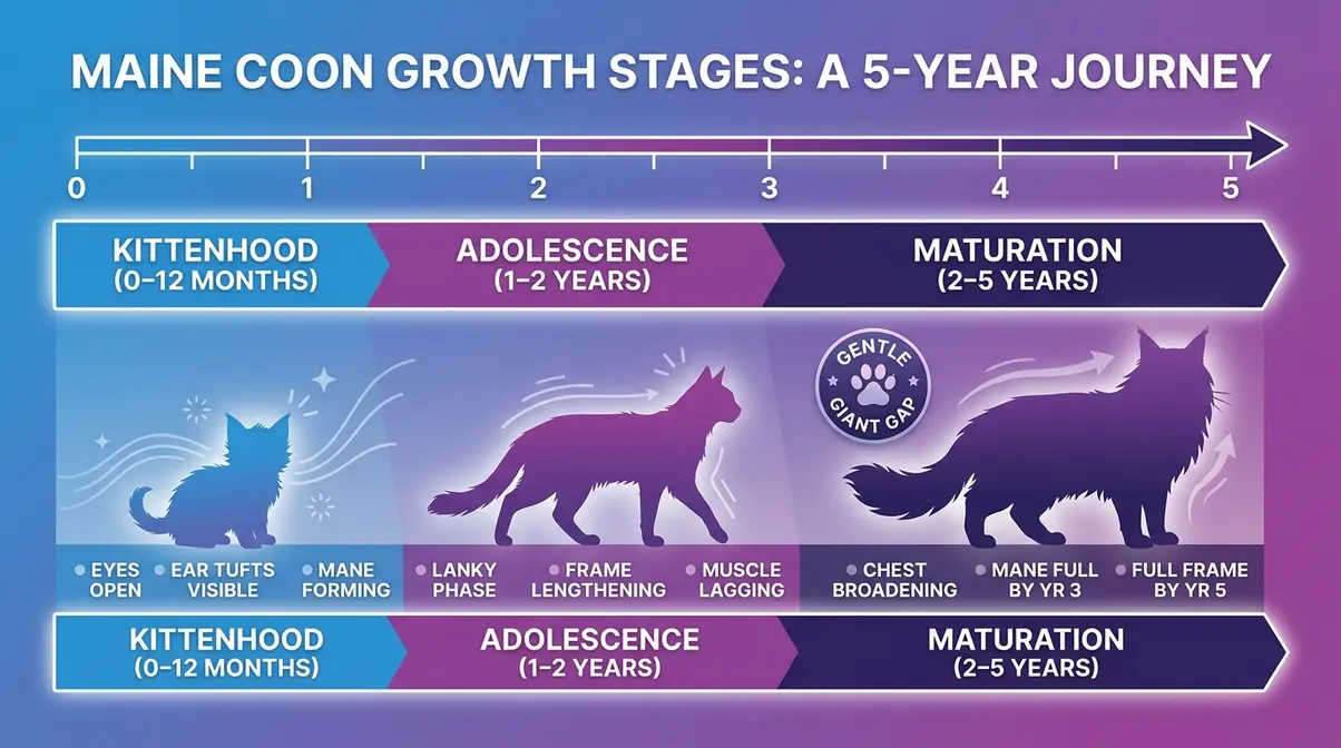 Maine Coon growth stages timeline showing kittenhood adolescence and maturation phases from birth to 5 years