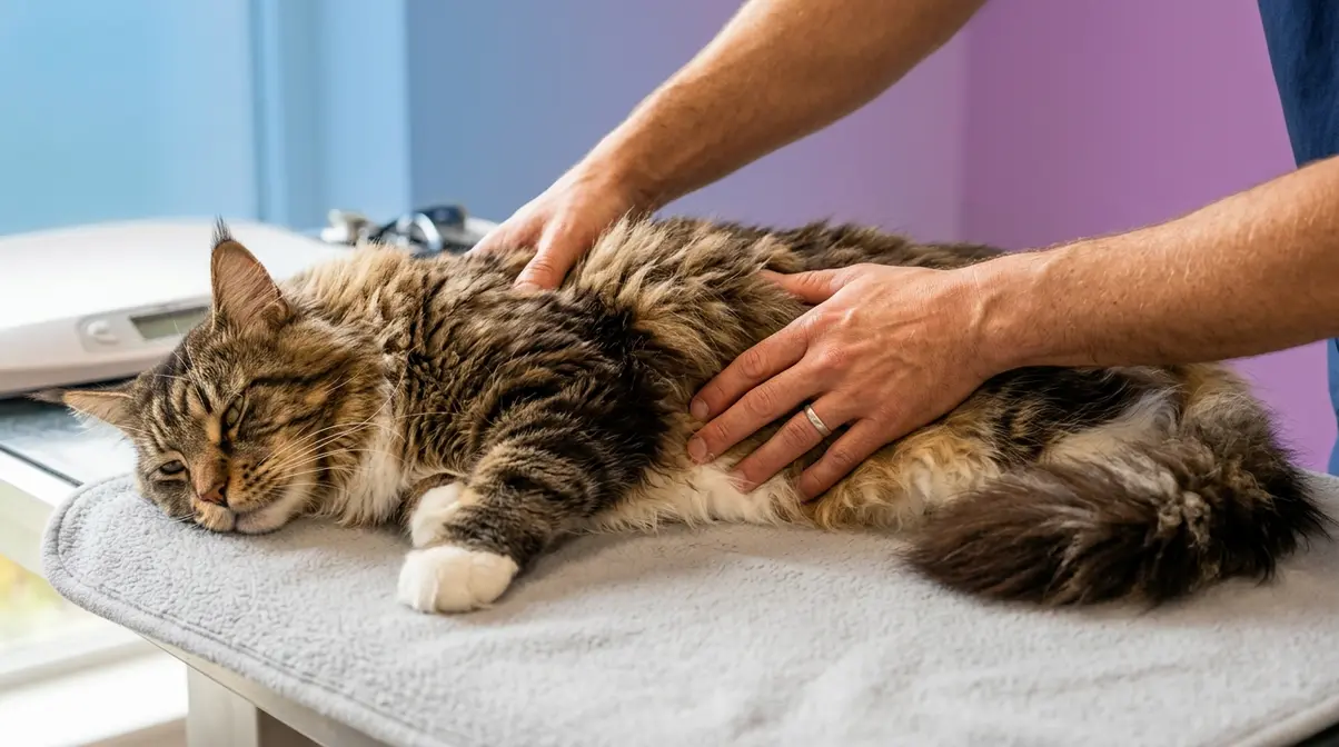 Person checking Maine Coon body condition score by feeling ribs during health assessment at home