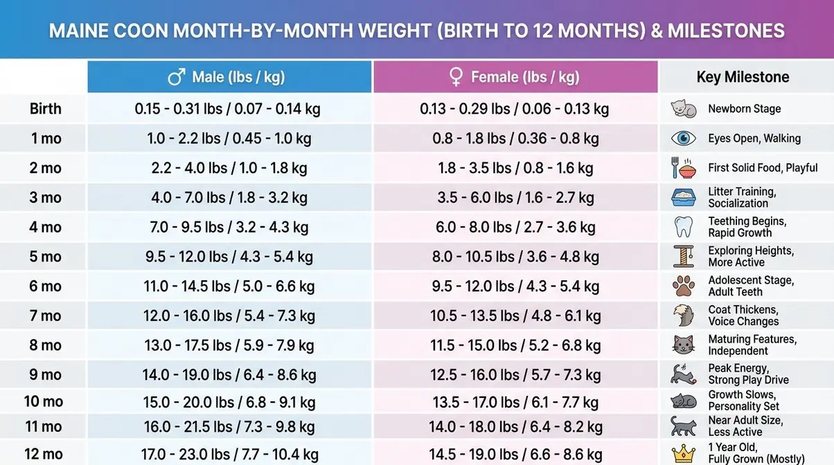Maine Coon kitten weight chart showing monthly growth milestones from birth to 12 months male and female