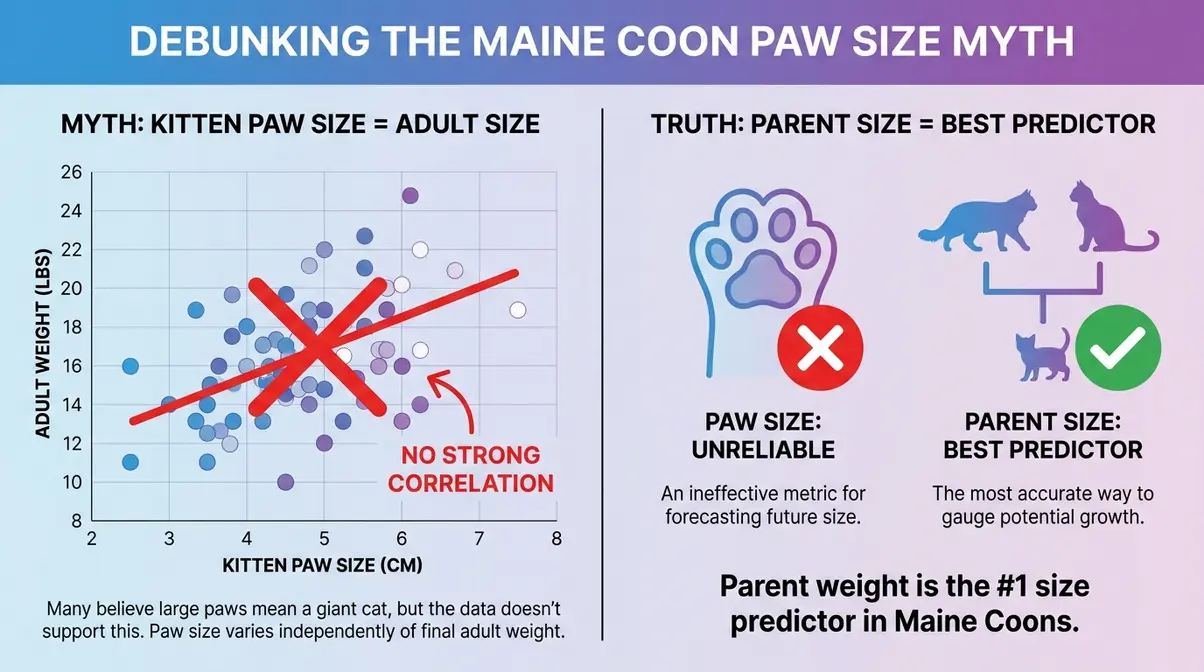 Infographic showing paw size is not a reliable Maine Coon size predictor compared to parent genetics