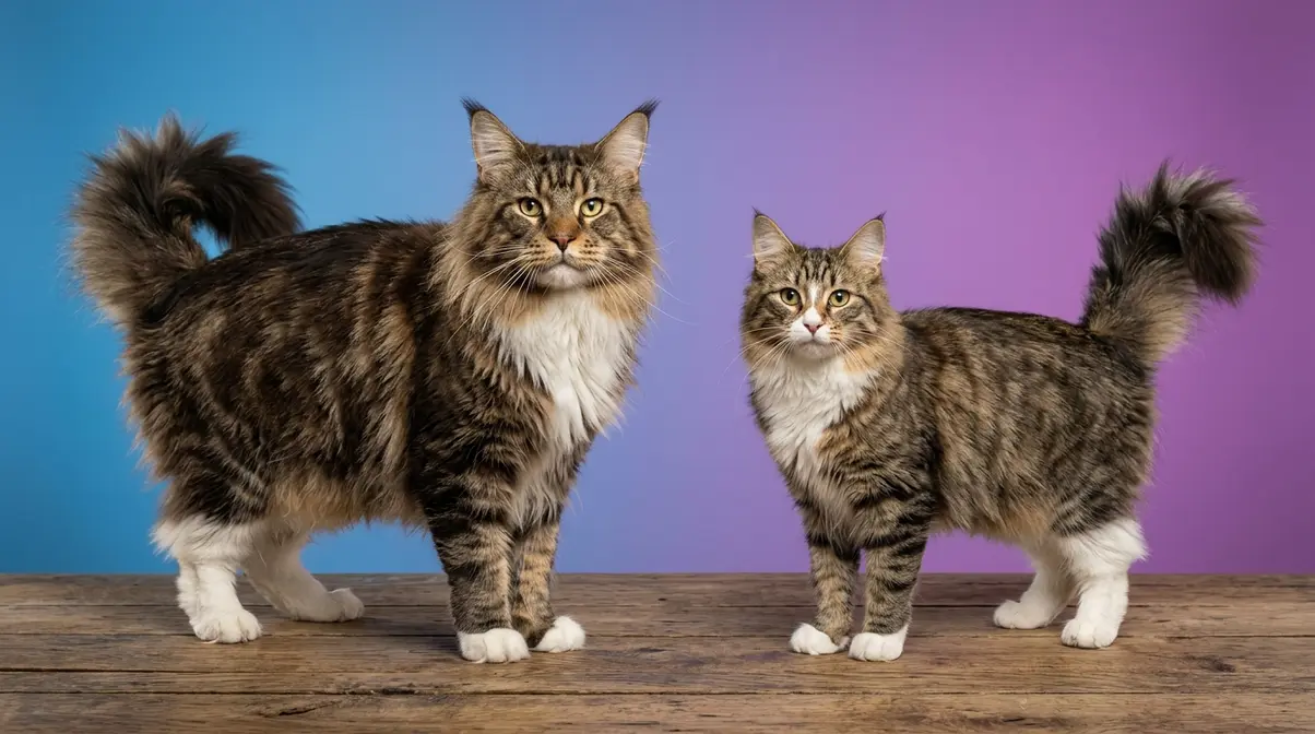 Large male Maine Coon beside smaller female showing natural size variation within the breed