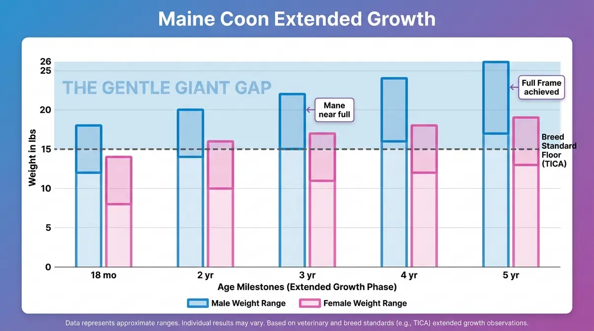 Maine Coon extended growth chart from 18 months to 5 years showing the Gentle Giant Gap phase