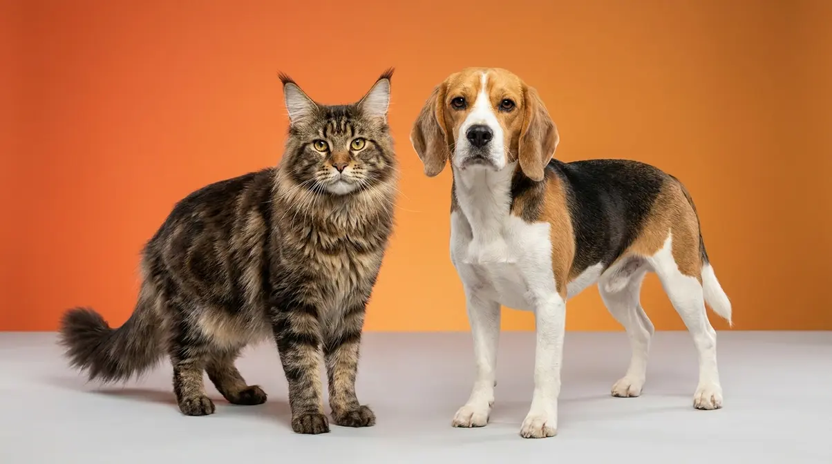 Maine coon size compared to dog — Beagle and Maine Coon standing side by side at true scale facing camera