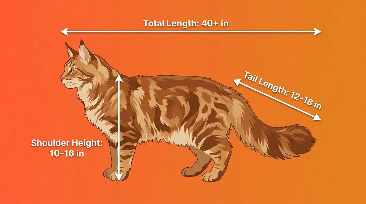 Maine coon size compared to dog illustrated with labeled dimension callouts for body length tail and shoulder height