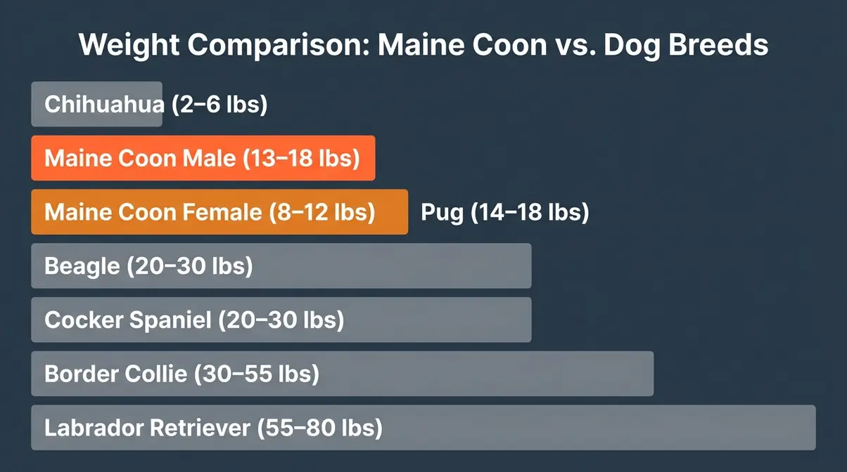 Weight comparison bar chart showing Maine Coon versus six dog breeds from Chihuahua to Labrador Retriever