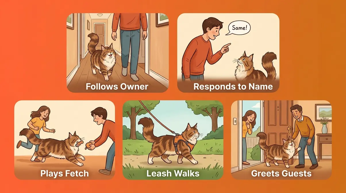 Maine Coon dog-like personality behaviors illustrated in five vignettes including fetch leash walking and greeting guests