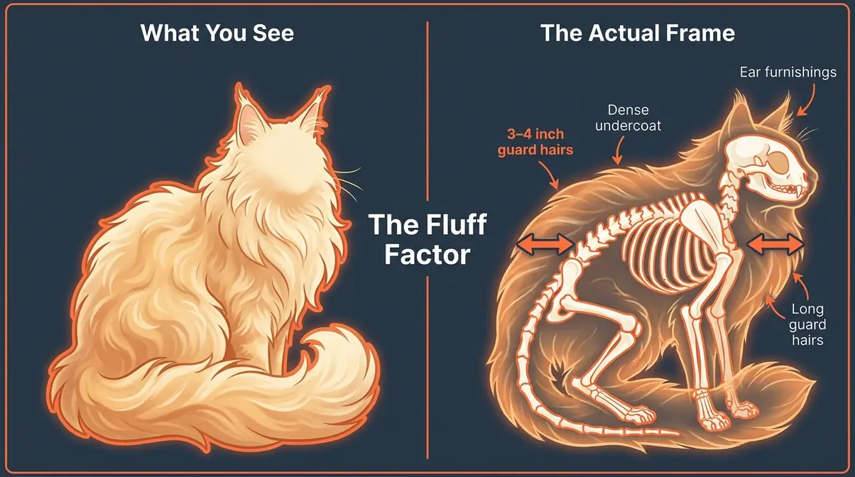 Diagram showing Maine Coon coat versus skeletal frame to explain the Fluff Factor size illusion