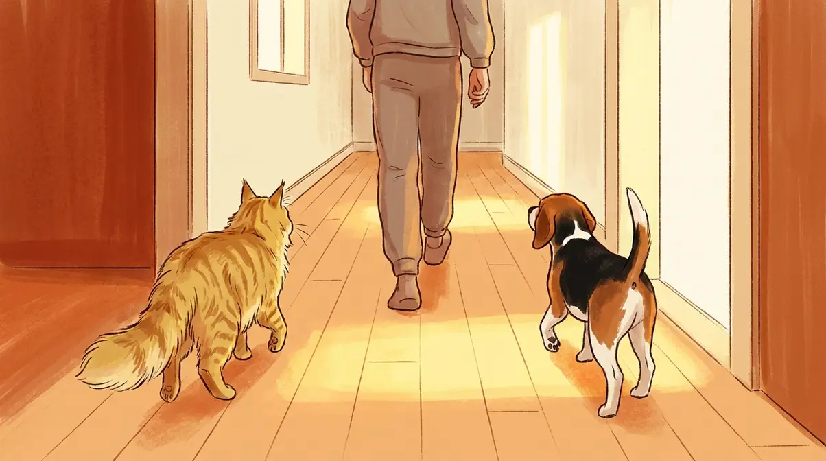 Maine Coon walking with owner like a dog showing dog-like personality behavior alongside a Beagle