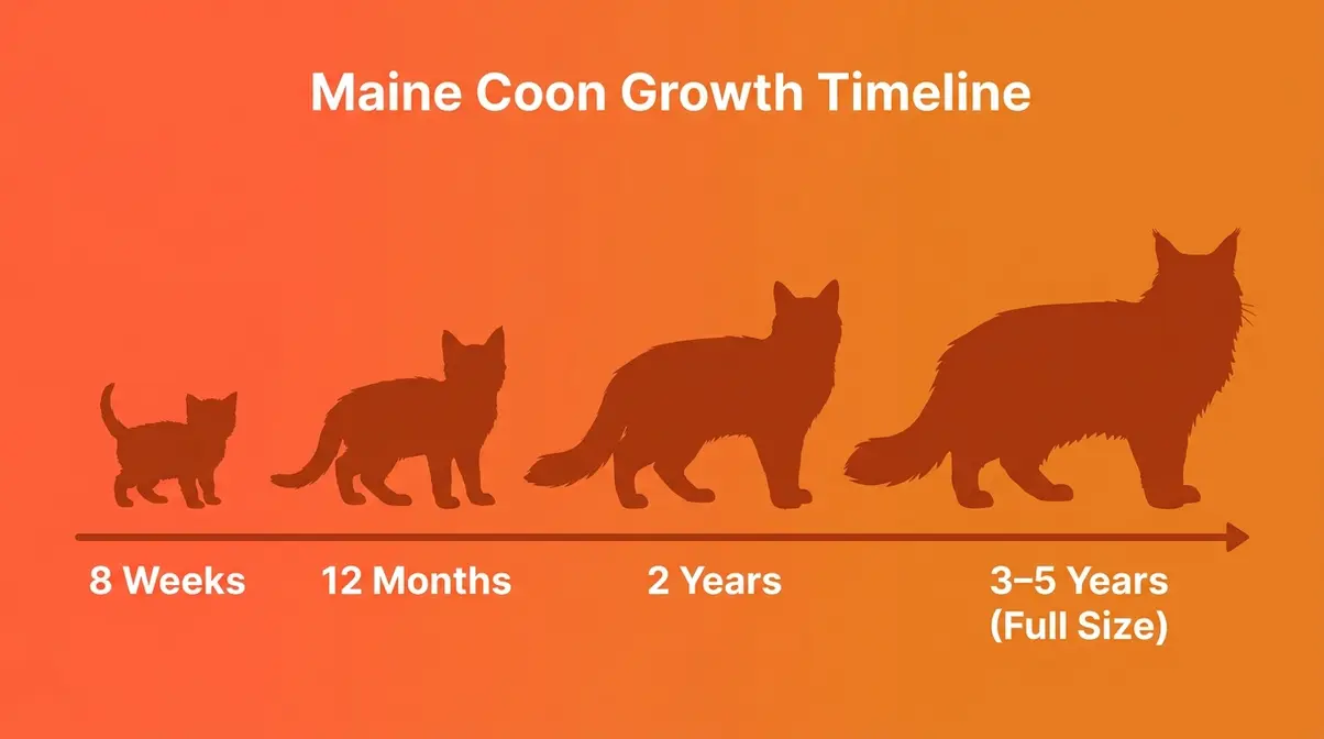 Maine Coon growth timeline showing four size stages from kitten to full adult at three to five years