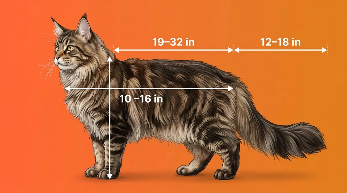 Maine Coon size measurements showing shoulder height body length and tail length with labeled annotations