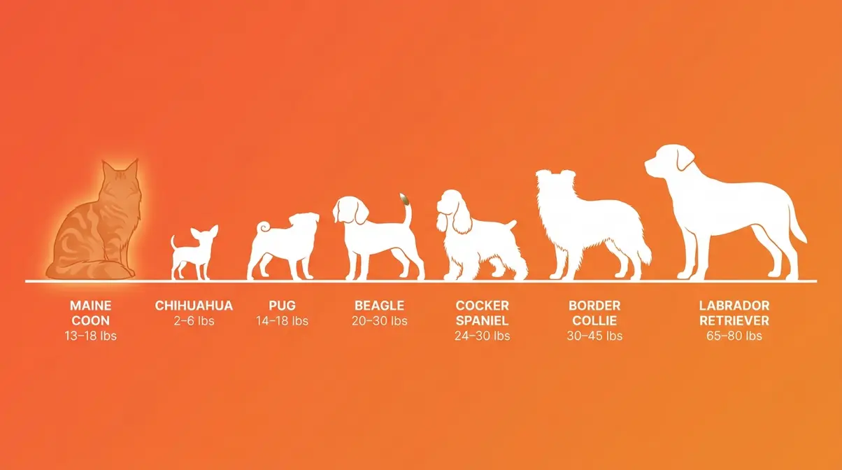 Maine coon size compared to dog breeds — Chihuahua Pug Beagle Cocker Spaniel Border Collie Labrador silhouette infographic at true scale
