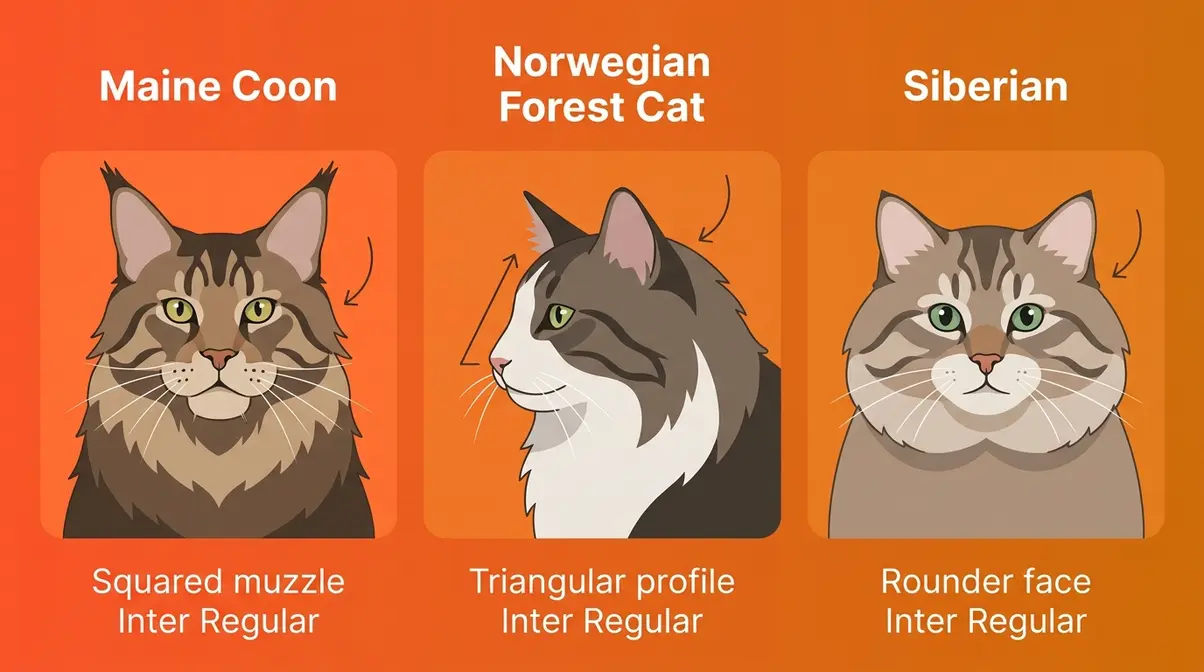 Side-by-side comparison of Maine Coon Norwegian Forest Cat and Siberian showing facial profile differences