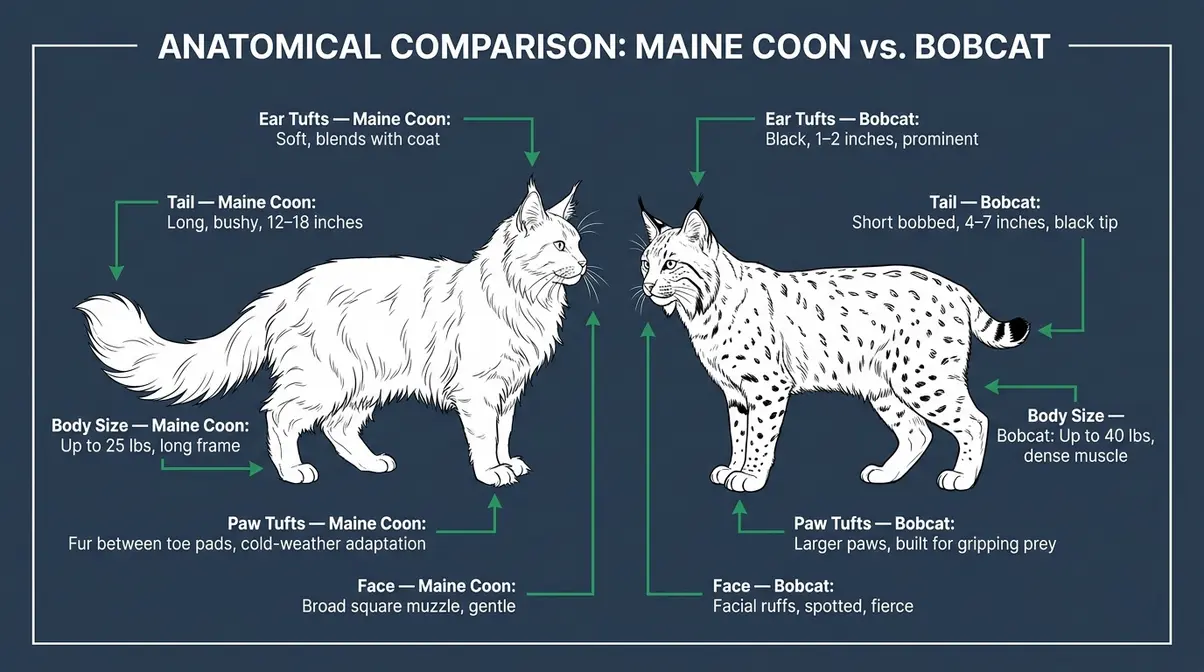 Maine coon vs bobcat anatomical diagram showing key physical differences including tail, ears, and paws