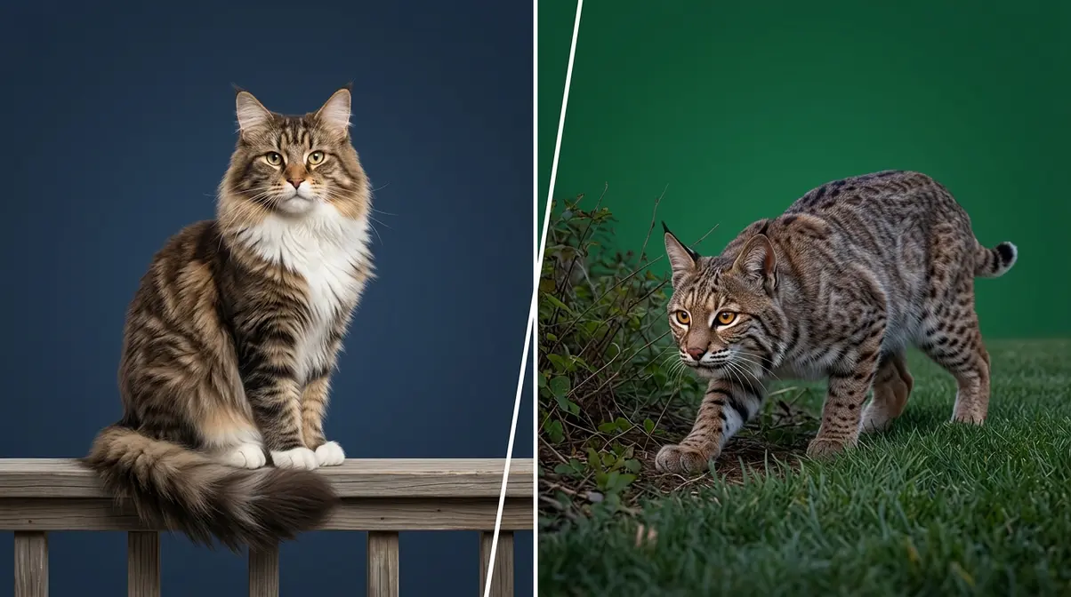 Maine Coon relaxed on porch contrasted with bobcat in stalking posture at dusk