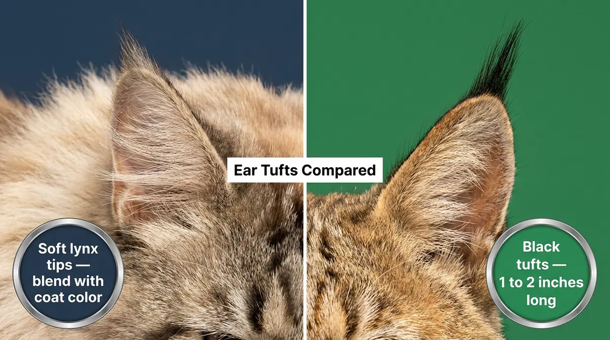 Maine Coon vs bobcat ear tufts close-up comparison showing length and color differences