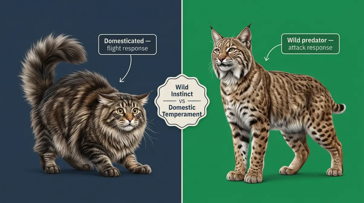 Maine Coon defensive posture versus bobcat dominant posture illustrating wild instinct versus domestic temperament