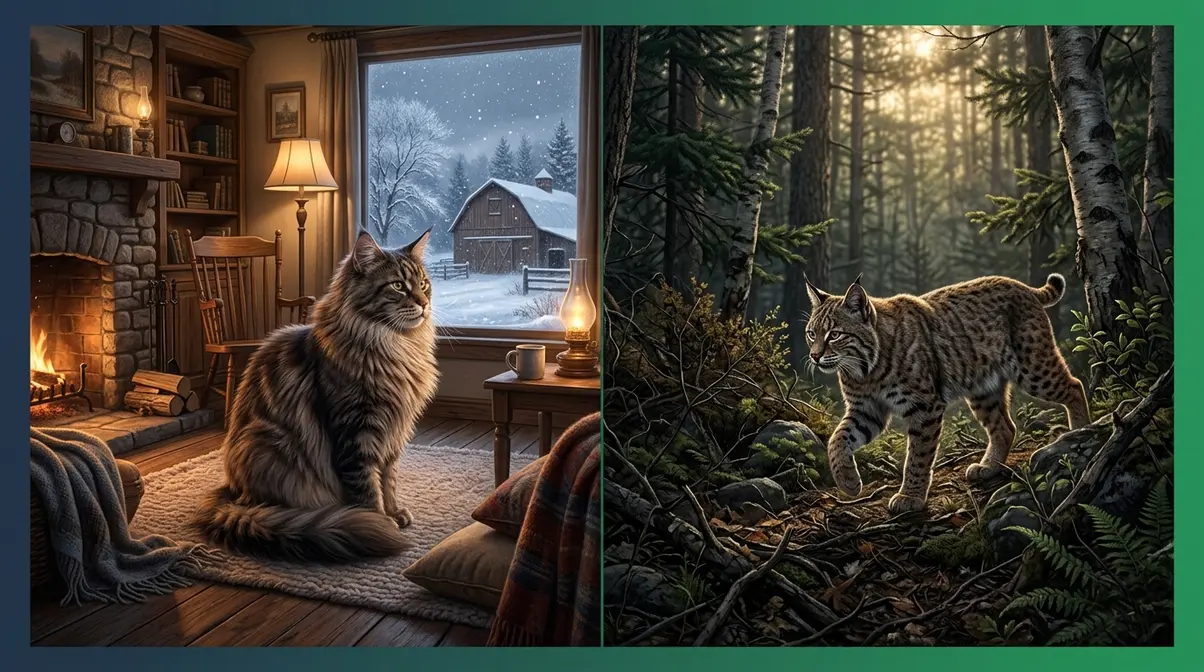 Maine Coon in cozy farmhouse interior contrasted with bobcat in wild North American forest habitat