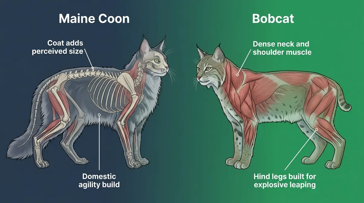 Maine Coon vs bobcat muscle and build comparison showing domestic versus wild predator physiology
