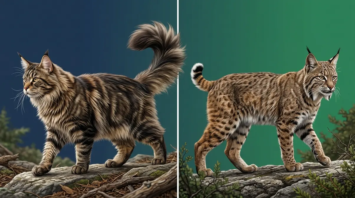 Maine Coon and bobcat physical differences comparison showing tail, coat, and ear features