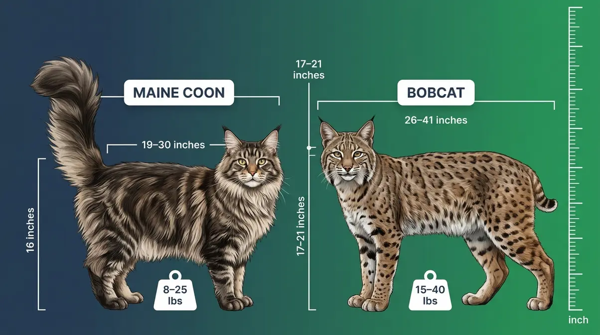 Maine Coon vs bobcat size comparison with weight and body length measurements labeled