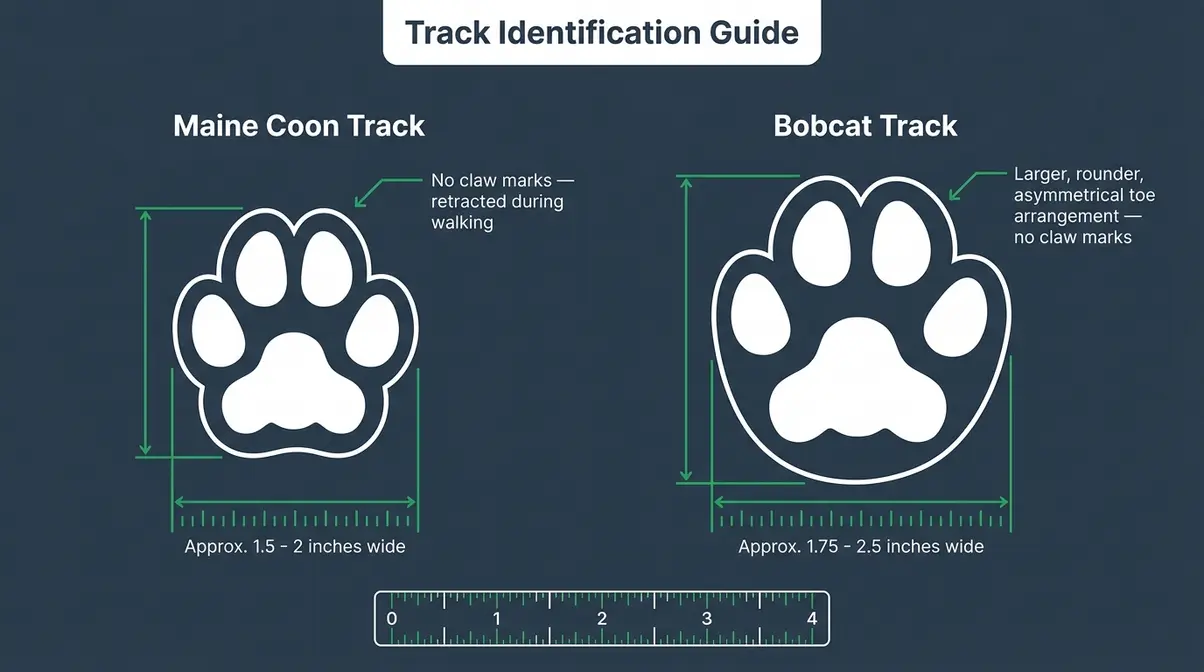 Maine Coon vs bobcat paw print track comparison guide with measurements and identification labels